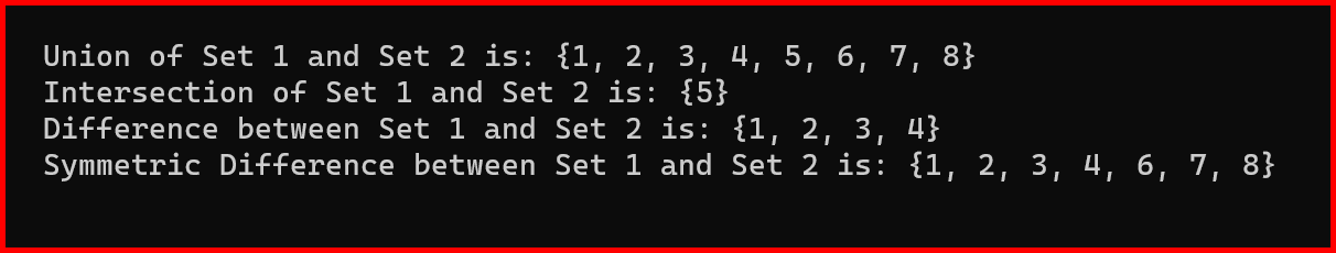 Picture showing the output of sets operations in python